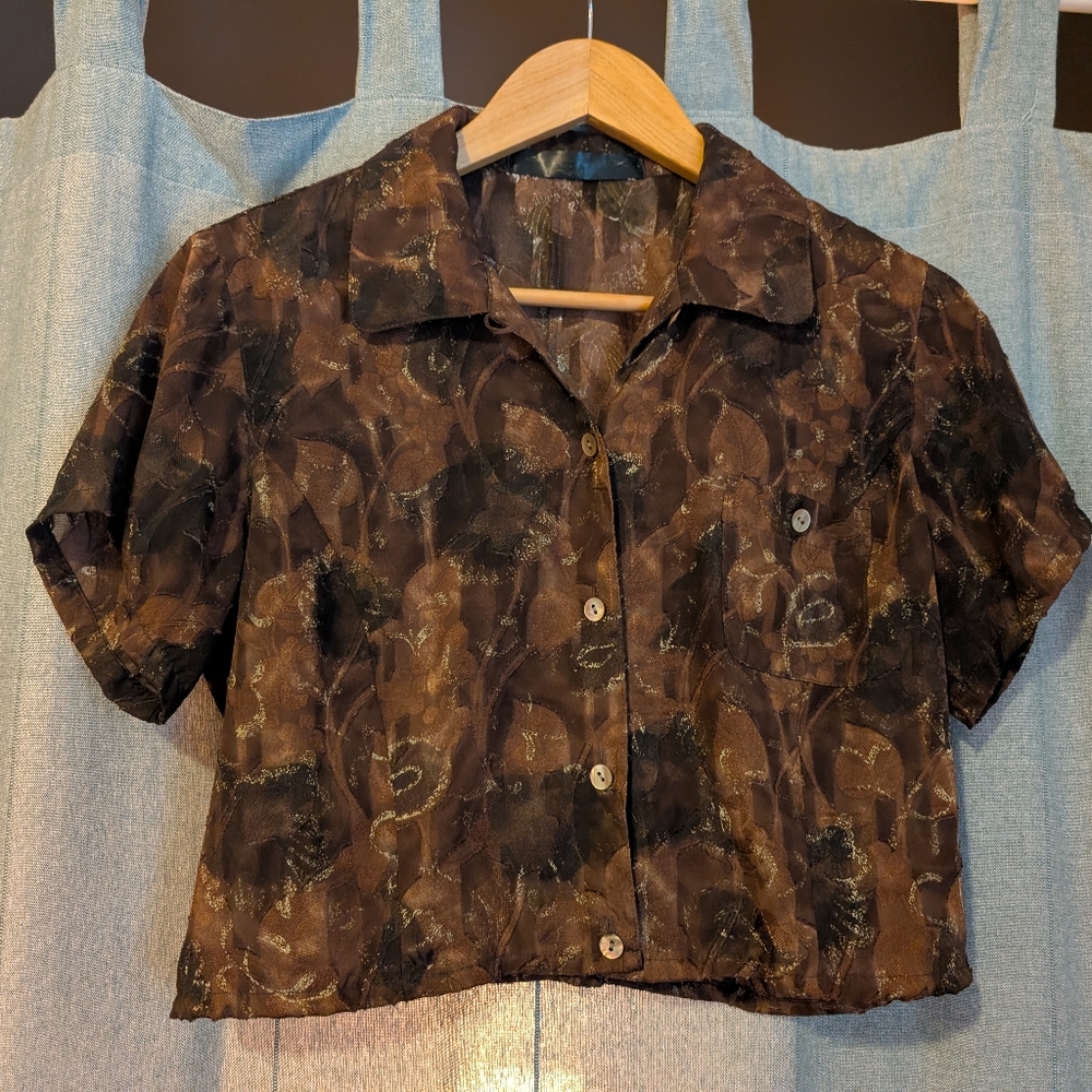 Brown Floral Short Sleeve Blouse